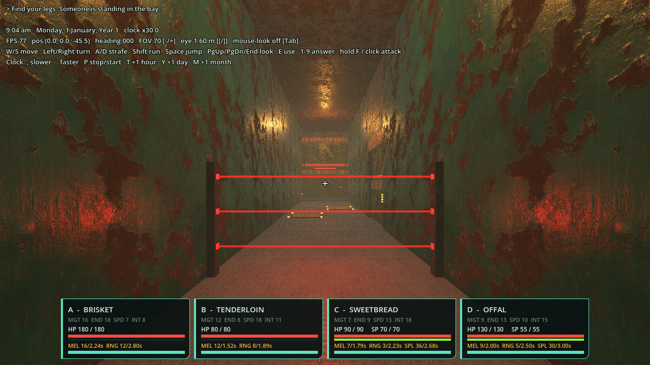 A rusted green corridor with three red laser beams across it, one above another. Pressure plates lie on the floor beyond. Four party cards run along the bottom of the screen.