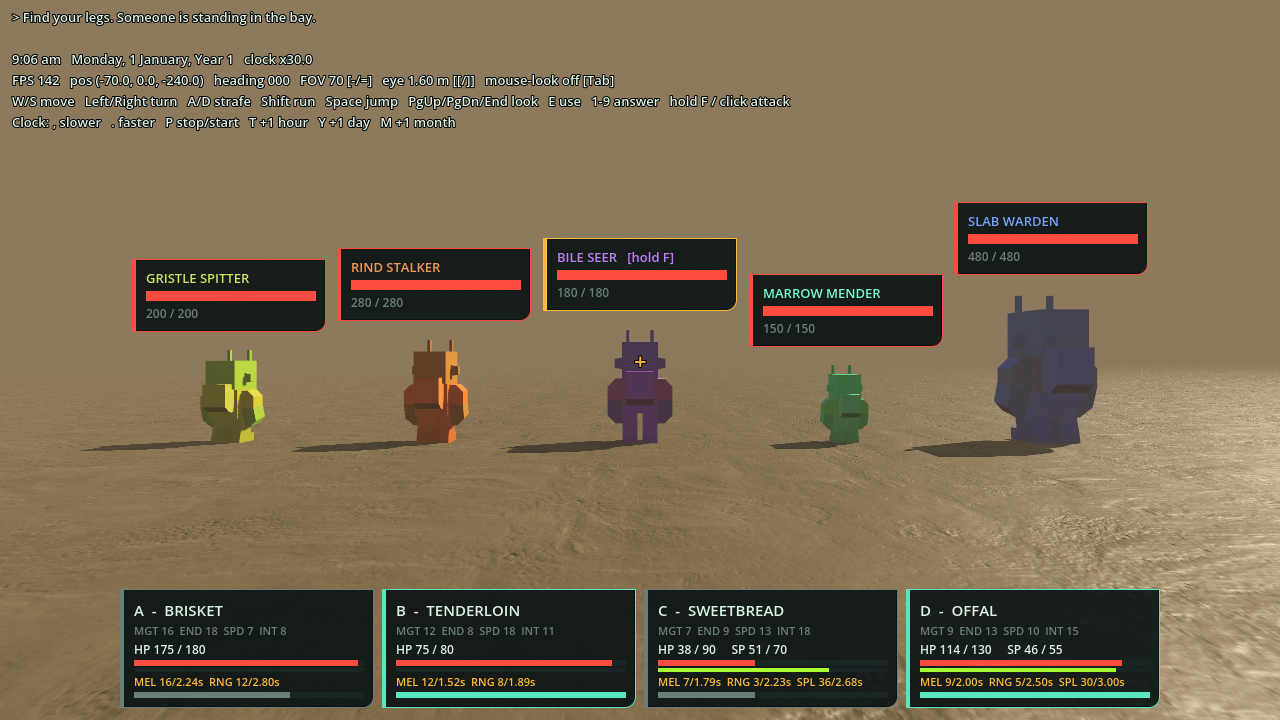 Five blocky monsters in a row on an empty field, each a different color and size, with name plates: Gristle Spitter 200, Rind Stalker 280, Bile Seer 180, Marrow Mender 150 and Slab Warden 480.