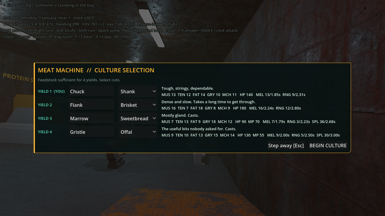The Meat Machine’s culture selection screen. Four rows, called yields, are named Chuck, Flank, Marrow and Gristle. Each has a cut picked from a list (Shank, Brisket, Sweetbread, Offal), a one-line description and its stats.
