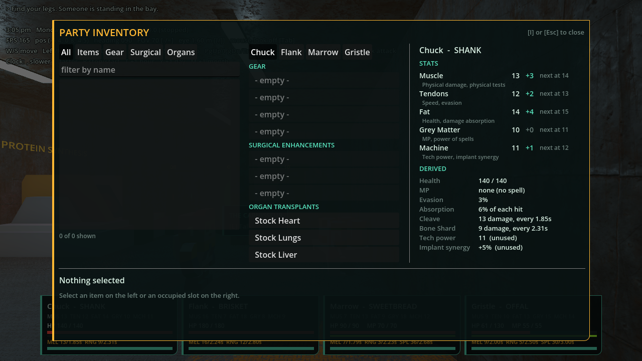 The party inventory screen with a stats pane on the right for Chuck, a Shank. Muscle is 13 with a bonus of +3 and “next at 14”. Tendons, Fat, Grey Matter and Machine follow in the same form, with derived values such as health and evasion below.