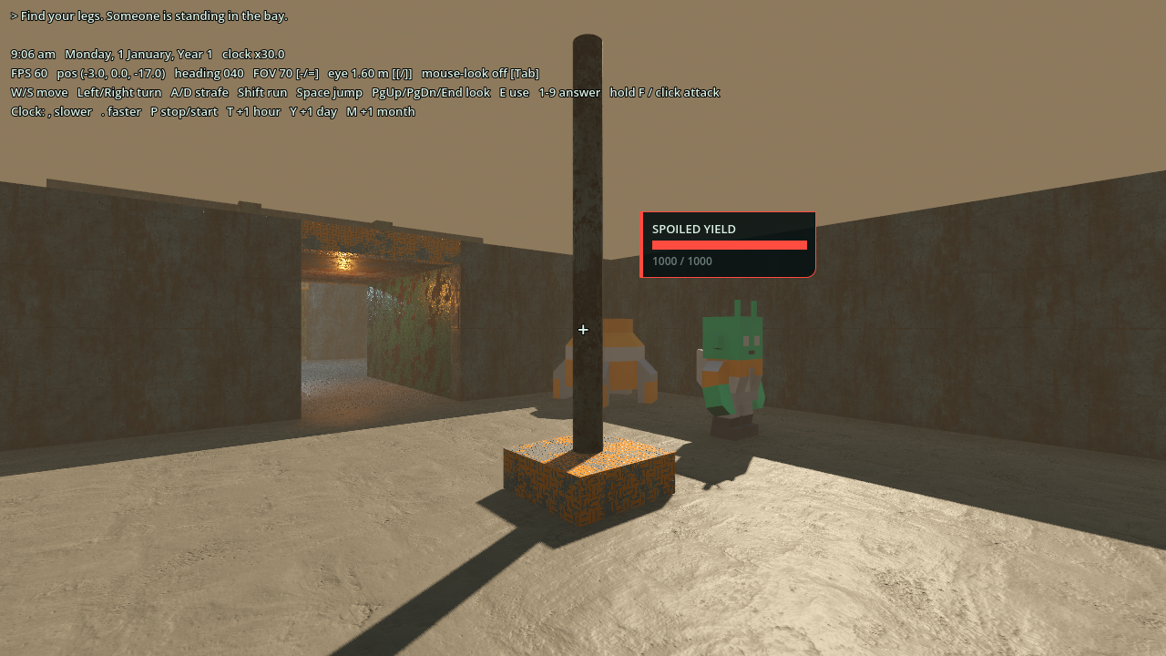A walled concrete yard under a brown sky. A green blocky monster stands beside a rusty post, with a health plate reading “Spoiled Yield 1000 / 1000”. A doorway behind leads into the dungeon. Debug text fills the top left corner.