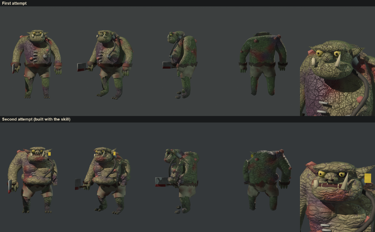 Two rows of renders of an orc from the front, three-quarter, side and back, with a close-up of the face. The top row, labelled first attempt, is an upright green orc with cracked scaly skin. The bottom row, labelled second attempt, is a lopsided, sagging orc with a bigger cleaver, teeth and a yellow ear tag.