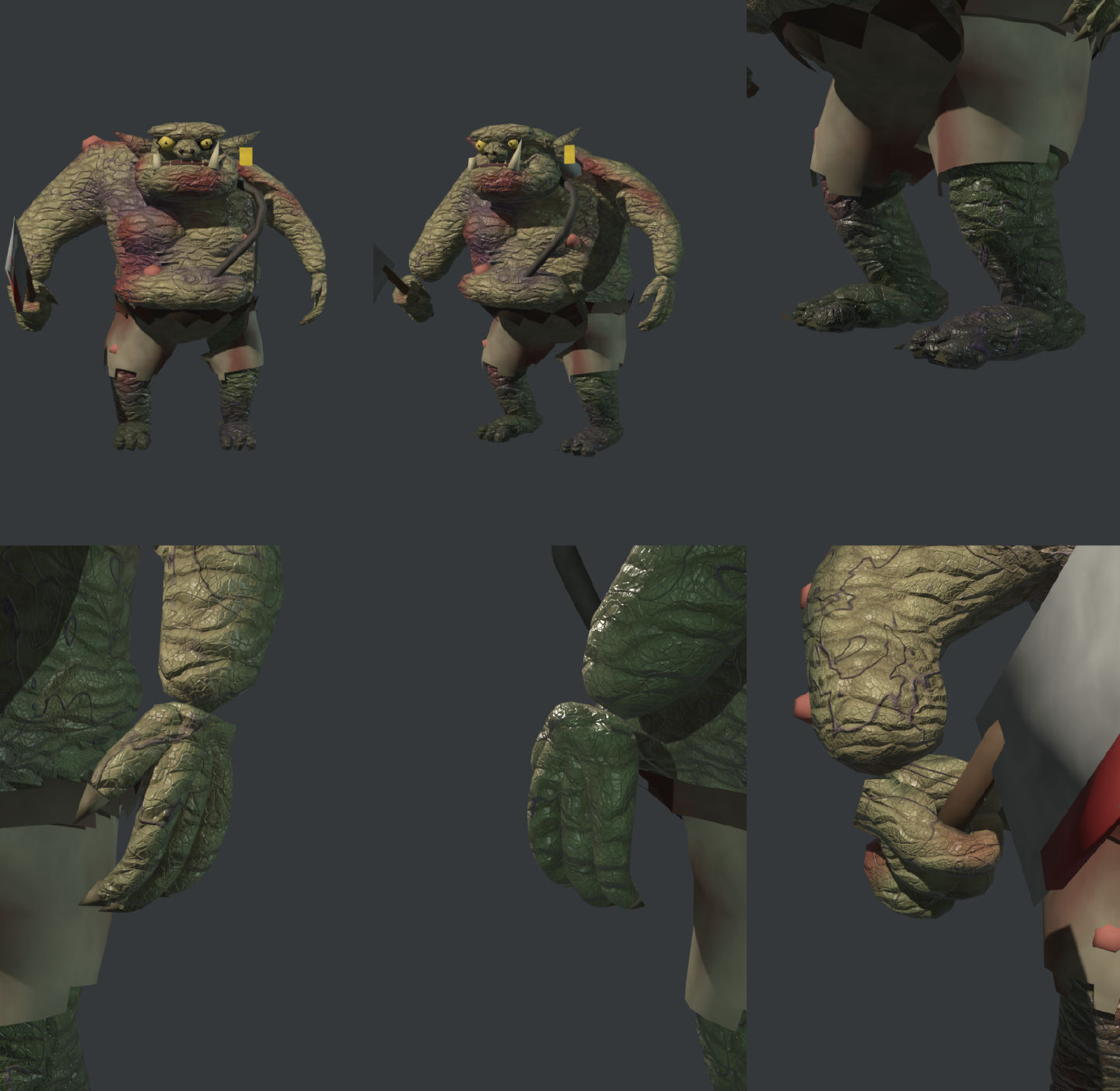 Six renders of the orc after the fourth round: the front and three-quarter views, a close-up of both feet, the open left hand from the front and from behind, and the right fist closed around the cleaver’s handle.