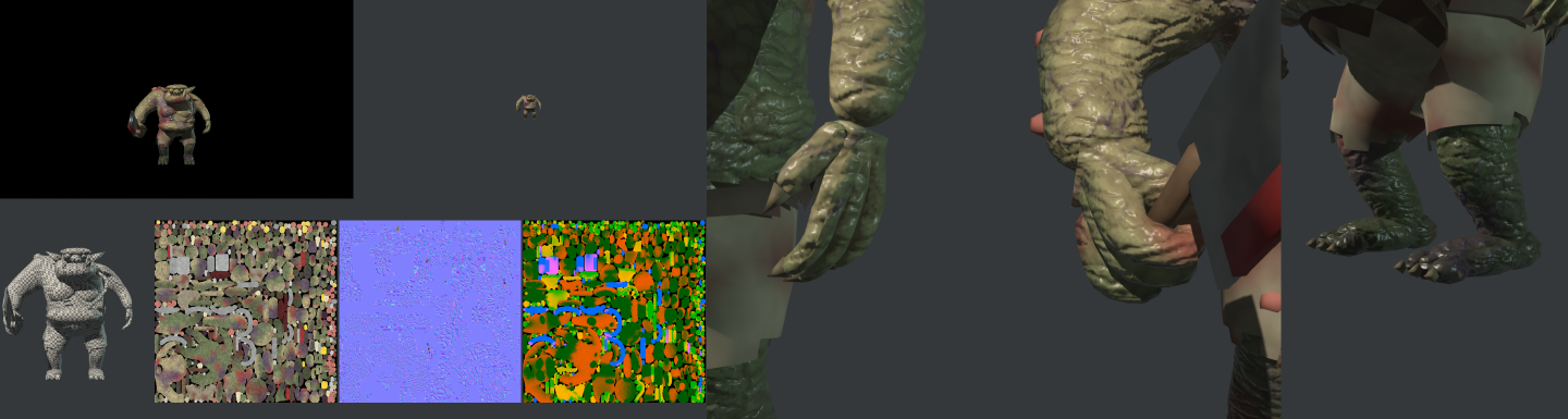 A sheet with the orc at the size he has on screen at 4 m and 12 m, the orc in a checker pattern, three square texture images (a mottled green color map, a blue normal map and an orange and green packed map), and close-ups of the left hand, the fist on the cleaver and the feet.