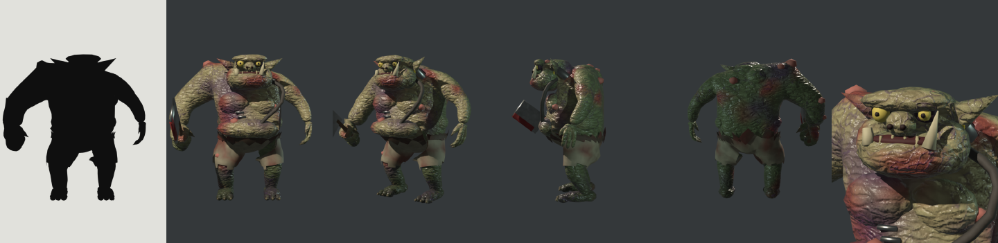 A black silhouette of the orc on white, then the finished orc from the front, three-quarter, side and back, and a close-up of his face with yellow eyes, tusks and an ear tag.