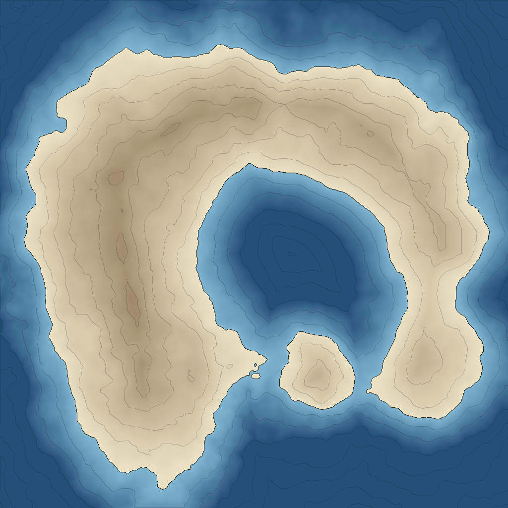 A map of the Wishbone as a distance field: sand-colored land in two arms round a dark blue inner sea, with a small island in the gap between them, and contour lines of distance from the coast.