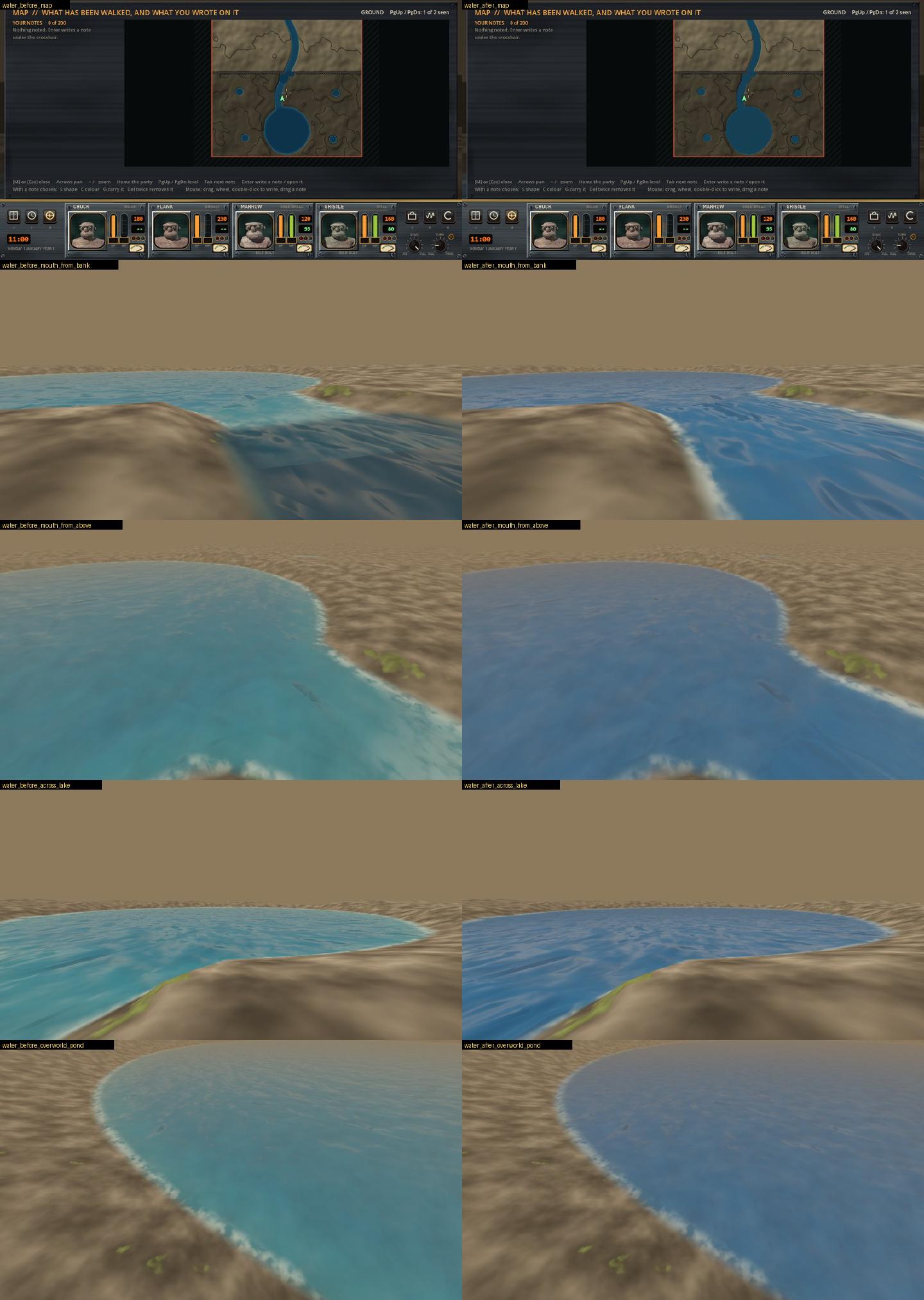 Before and after pairs of the map, the river mouth, the lake and a pond. Before, a dark slate river meets a pale cyan lake with a visible step. After, all of it is one blue.