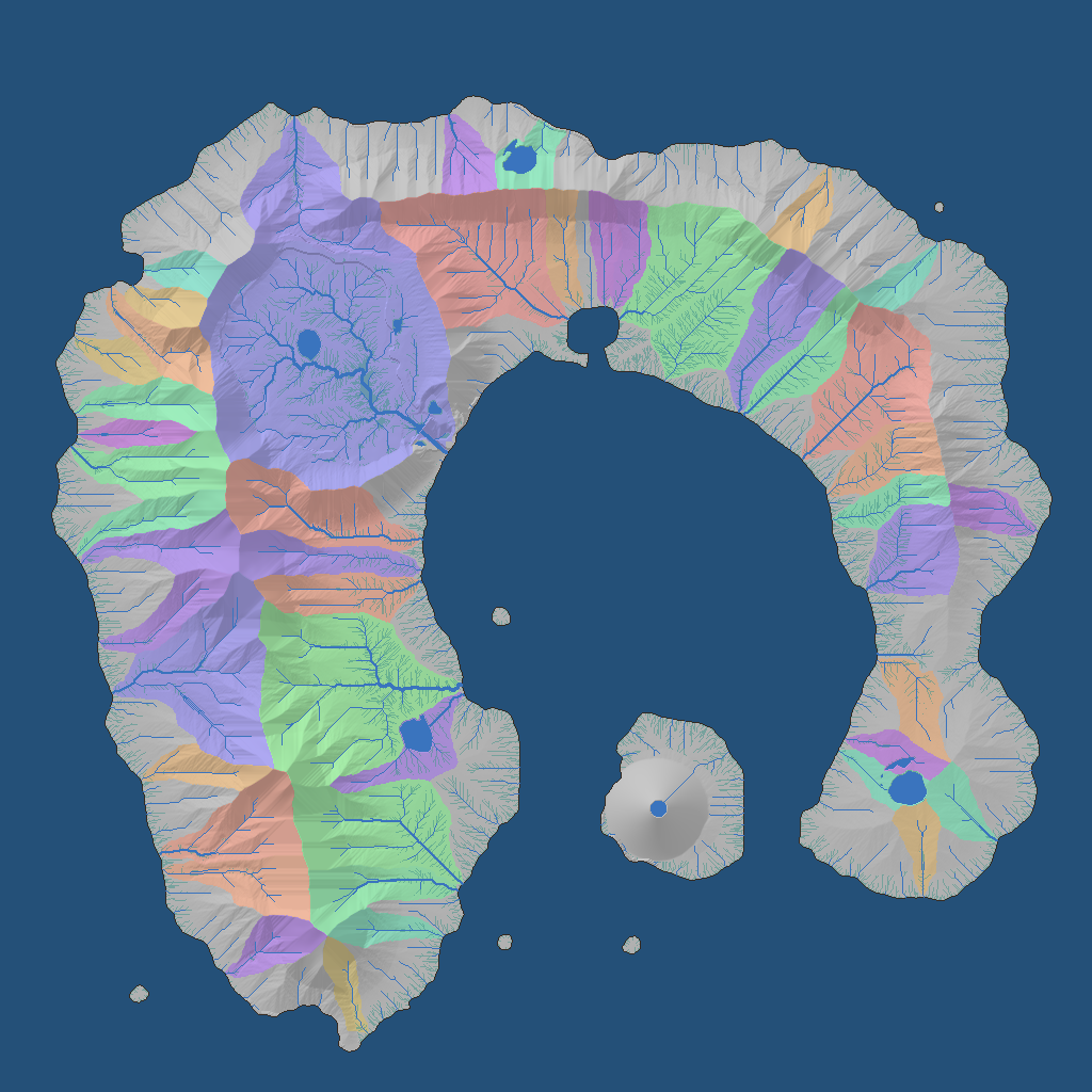 The island shaded grey with drainage basins tinted in pastel colors and thin blue streams branching through each to the coast, with a dozen blue lakes.