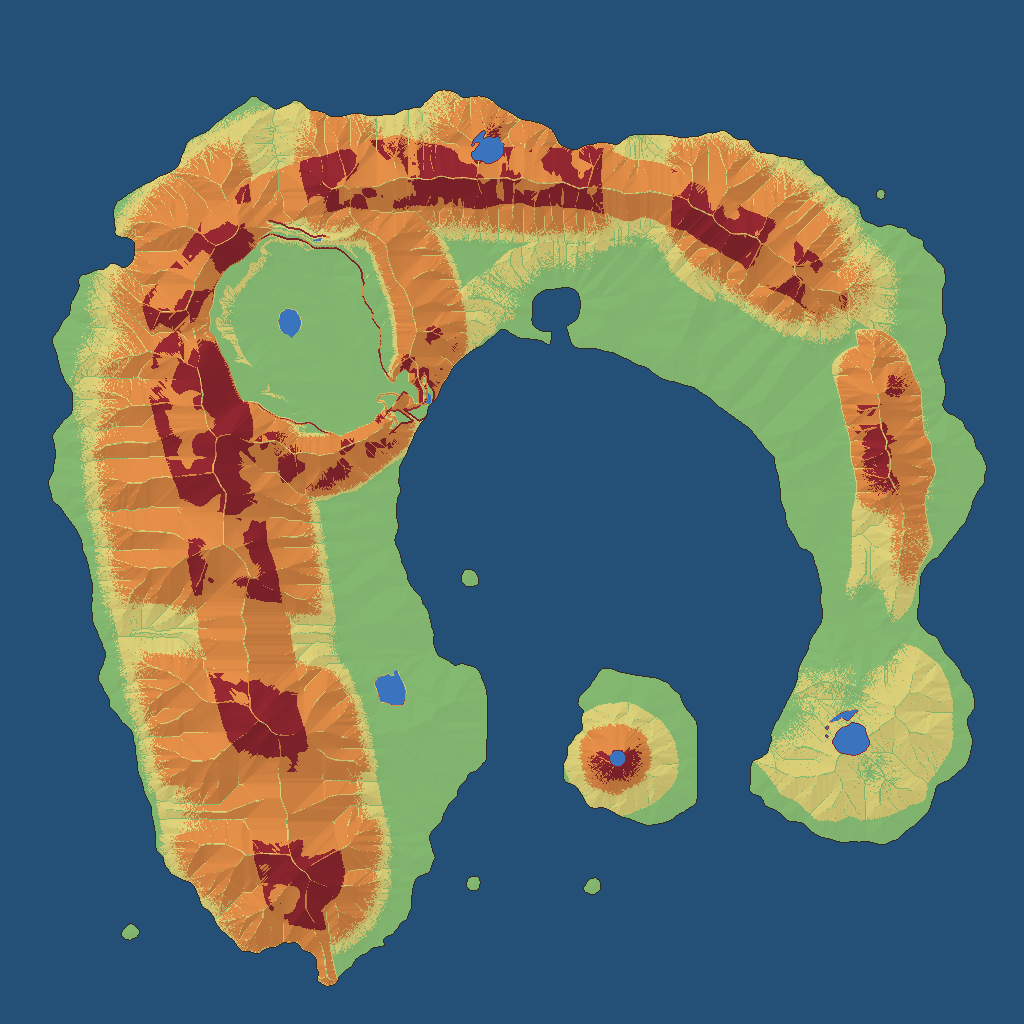 The first land colored by slope: green only along the coasts and in the round valley, with wide orange and dark red bands along every range.