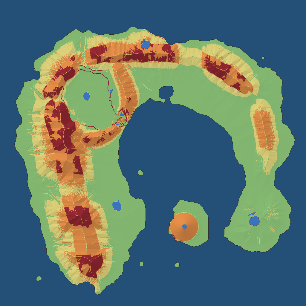 The tuned land colored by slope: green covers most of the island, and the orange and dark red are narrow strips along the range crests.