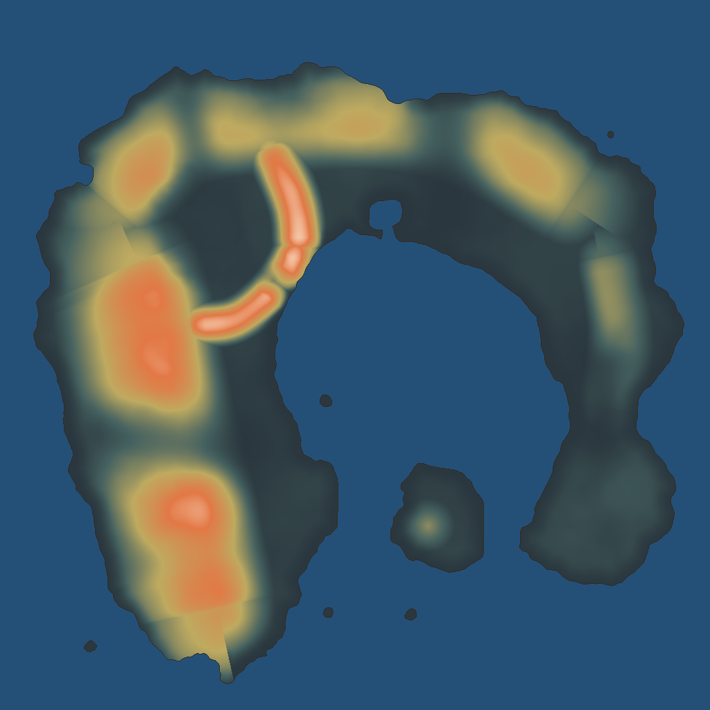 The island colored by uplift on a dark ground: orange and red blocks along the west arm and a red bar across the north-west valley mouth, yellow along the north arch and east arm, almost none on the south-east lobe.