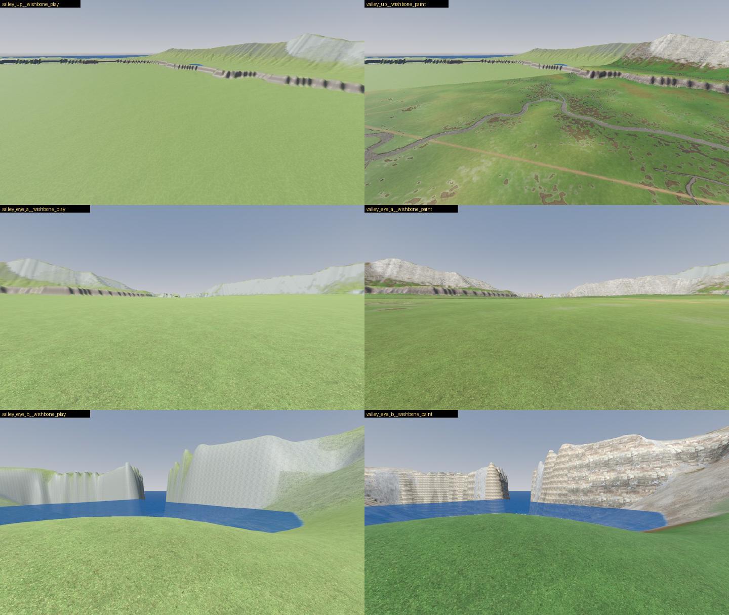 Three views of the same valley, unpainted on the left and painted on the right. Flat green ground becomes grass with a winding stony river bed, mud patches and a track, and the pale cliffs gain layered rock.