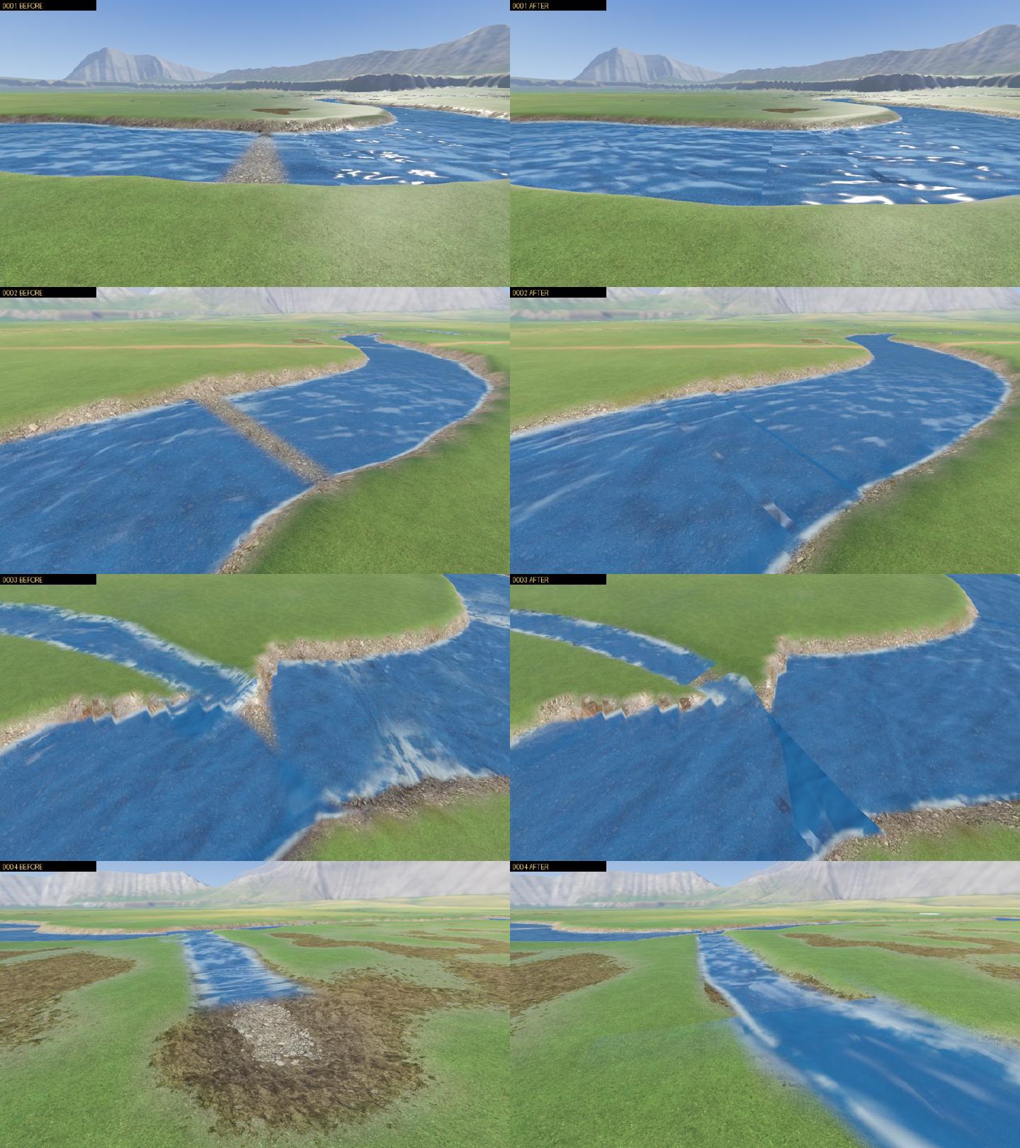 Four pairs of in-game views, before on the left and after on the right. A bar of stones across a river is gone, a dry strip across a bend is gone but leaves a seam, a stepped join is still stepped, and a stream that ended in a pan of stones now runs on.