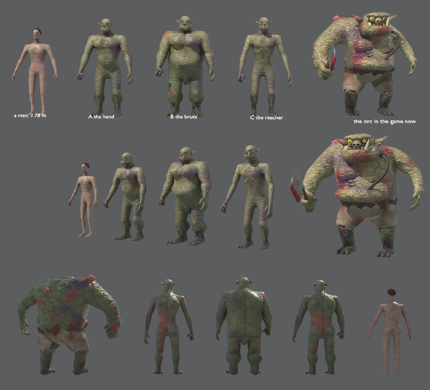 A plain man at 1.78 m, three green orc bodies labelled A the hand, B the brute and C the reacher, and the game’s current orc, which is twice as wide with one huge arm. Shown from the front, three-quarter and back.