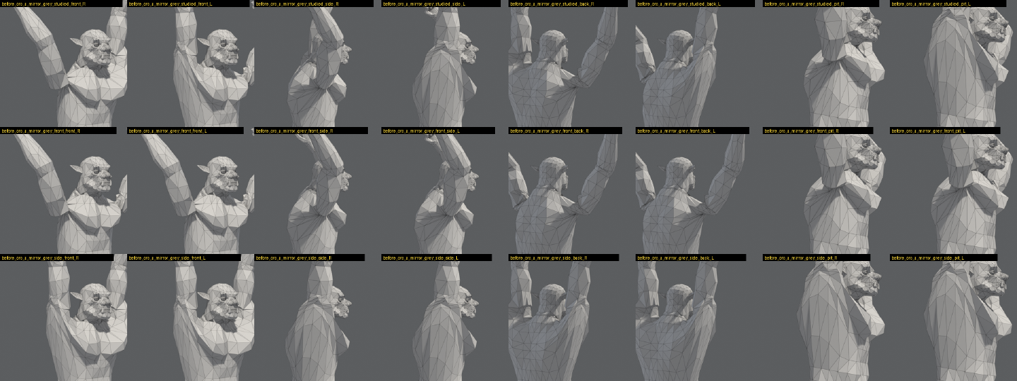 Bare grey meshes of the orc with arms raised, in three rows of paired right and left views. In the top row the two shoulders fold differently. In the lower rows both arms share one pose and the folds match.