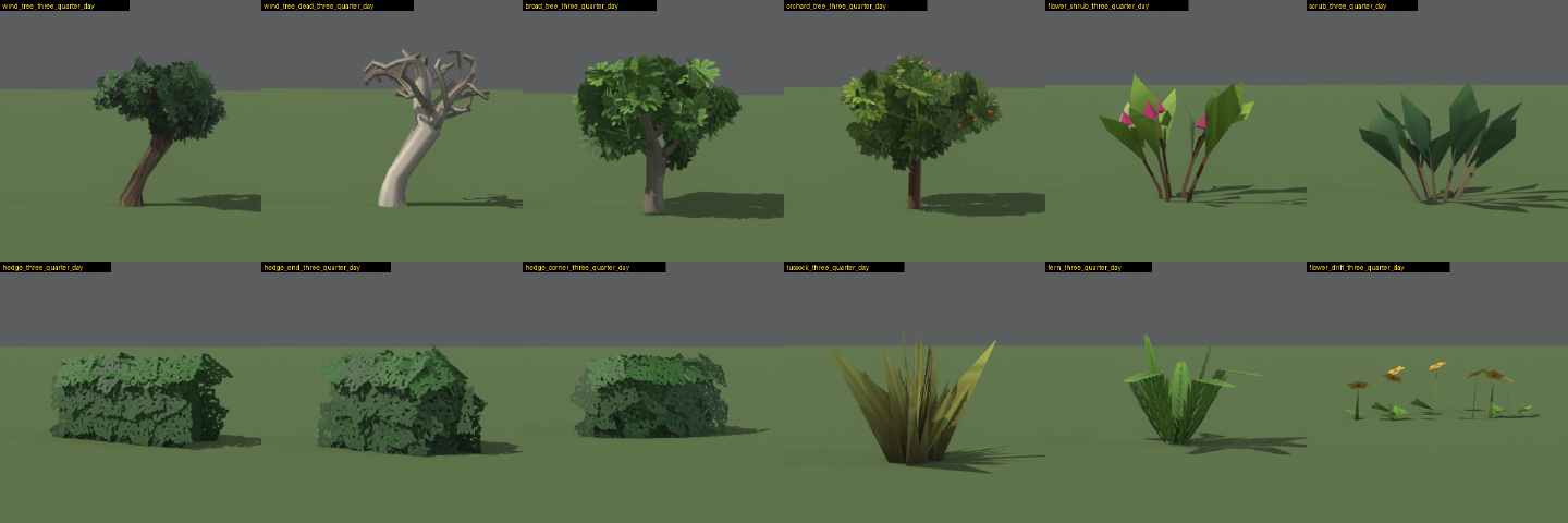 Twelve plants on grass: a leaning tree, its bare dead form, a broad tree, an orchard tree with orange fruit, a flowering shrub, a scrub bush, three leafy hedge pieces, a tussock, a fern and a drift of yellow flowers.