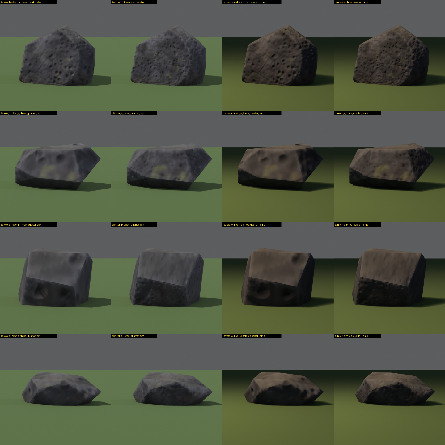 A small boulder and three clinker stones, each before and after, by day and under a lamp. Before, the small stones carry a few large craters. After, they carry many fine pits.