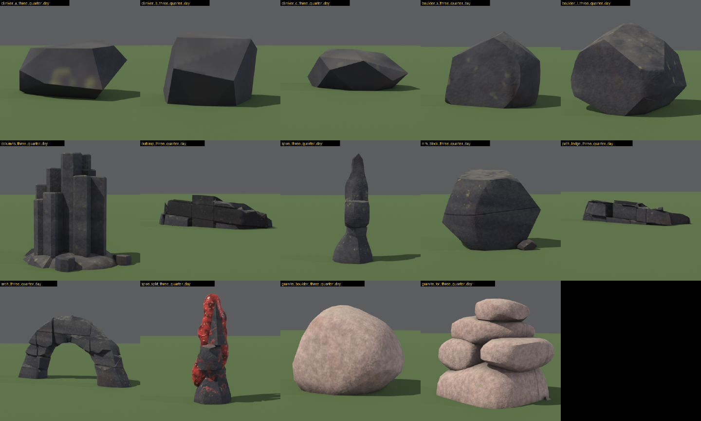 Fourteen rocks on grass: three small dark clinker stones, two basalt boulders, a cluster of six-sided columns, a low outcrop, a spire, a rim block, a ledge, an arch of stacked blocks, a spire split by red flesh, and a pink granite boulder and tor.