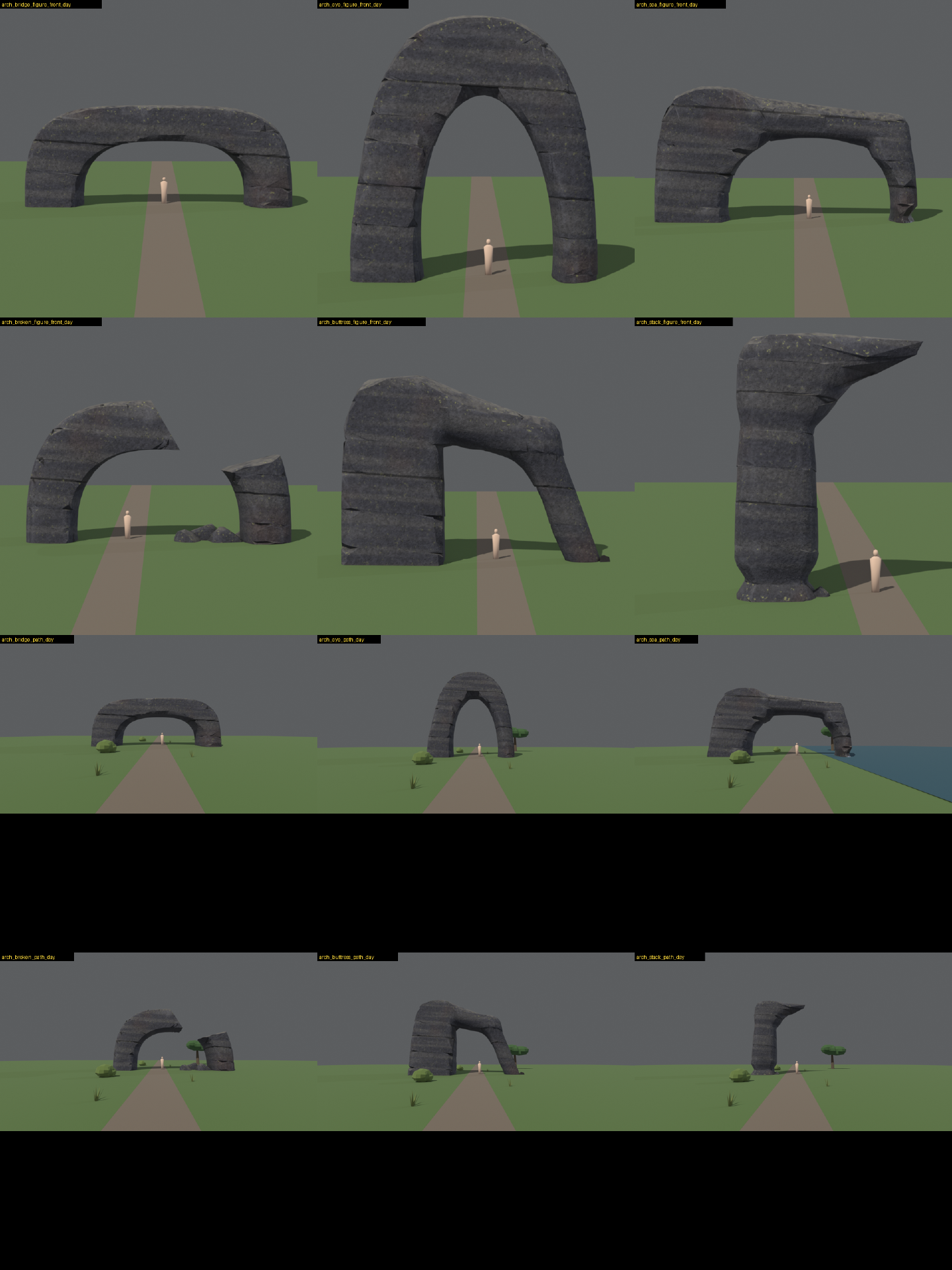 Six dark stone arches, each with a small figure for scale, and each again seen along a path: a low bridge, a tall eye, a sea arch with one foot in water, a broken span with fallen blocks, a leaning buttress and a standing stack.