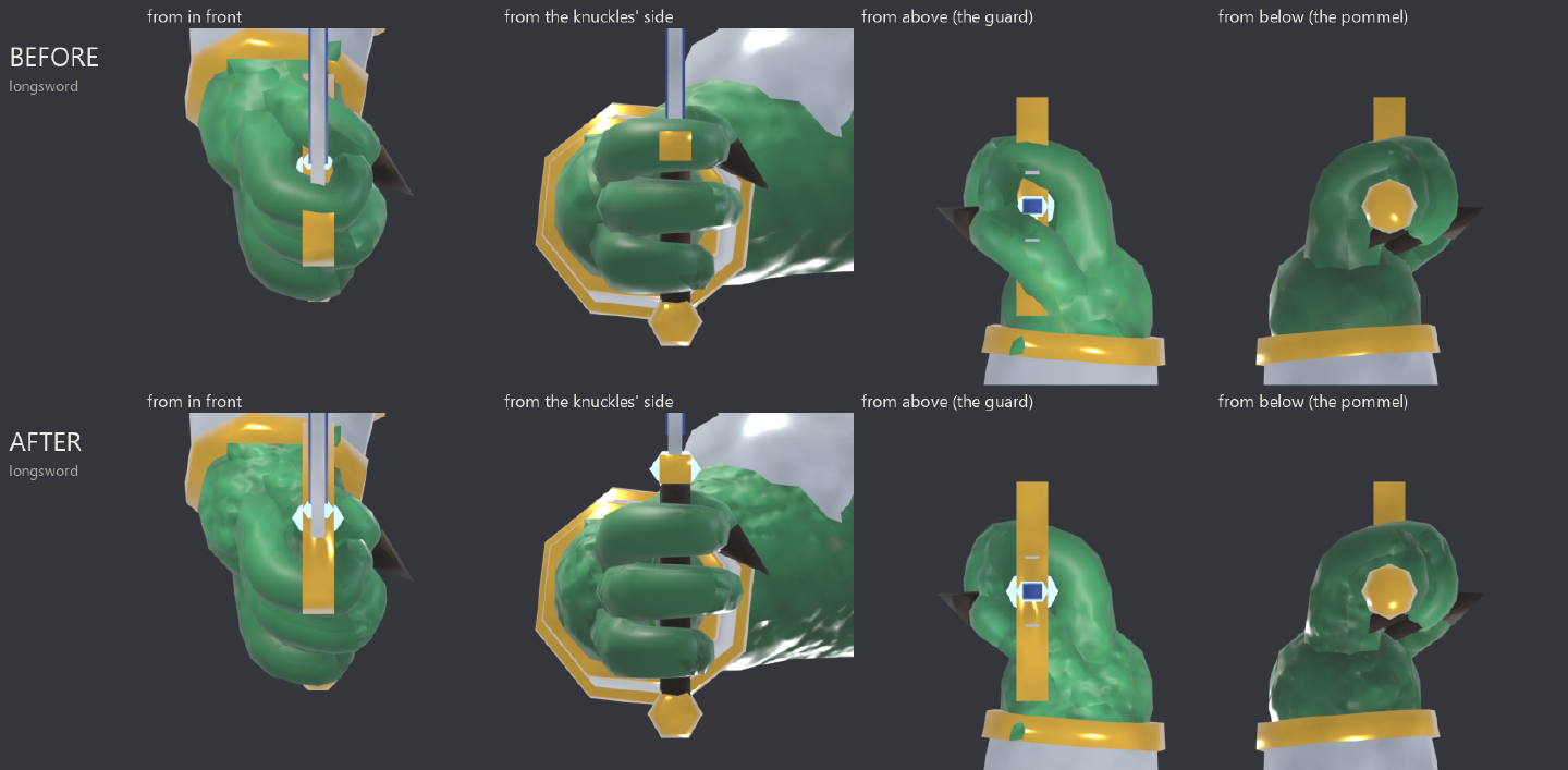 Four views of an orc’s fist round a longsword, before and after the fix. Before, a gold cross-guard sits inside the fingers. After, the guard is above the fist and the pommel below it.
