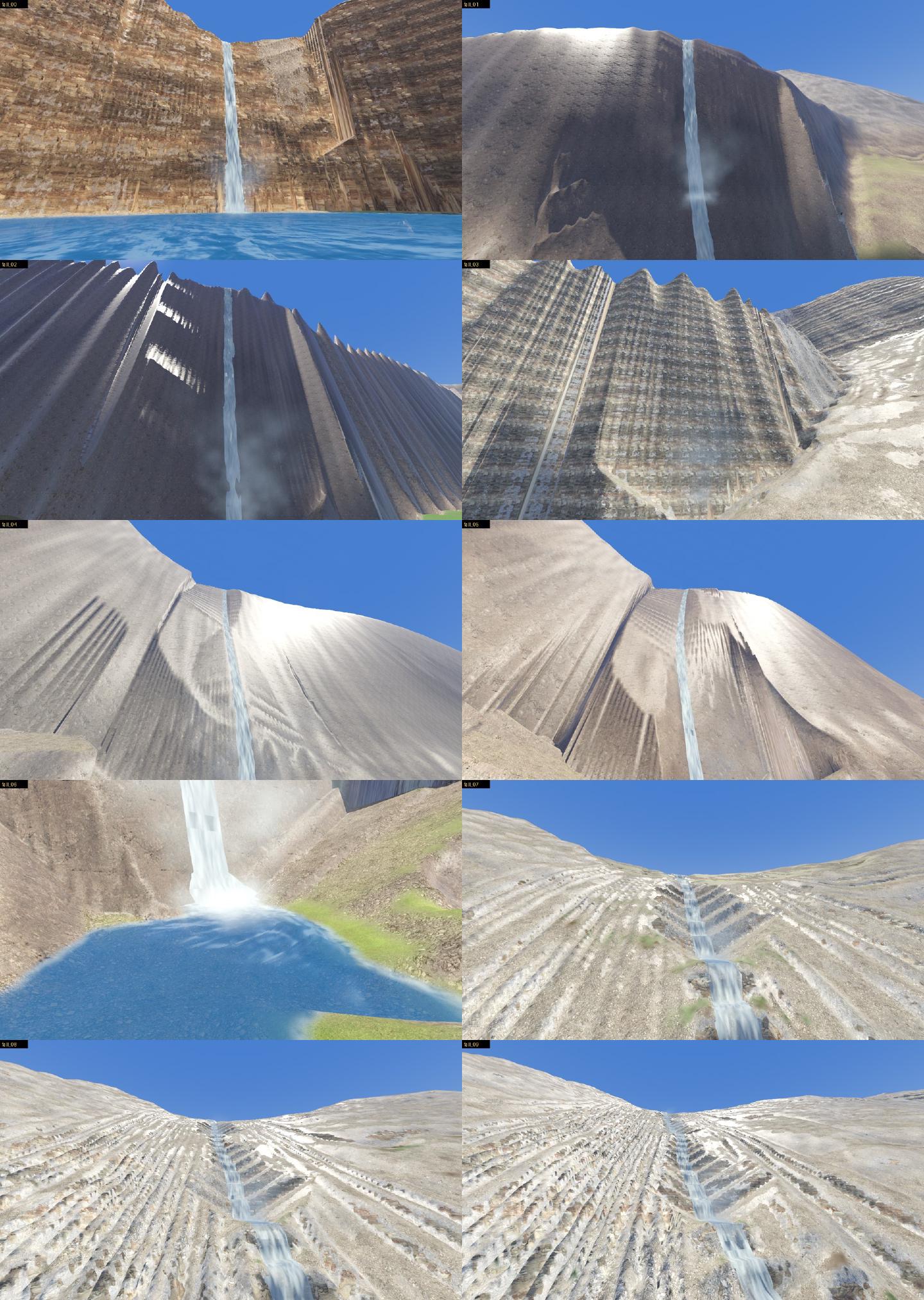 Ten waterfalls in two columns, each seen from below its foot: thin white falls on bare rock faces, one dropping into a blue lake under a cliff, one landing in a pool with white spray.