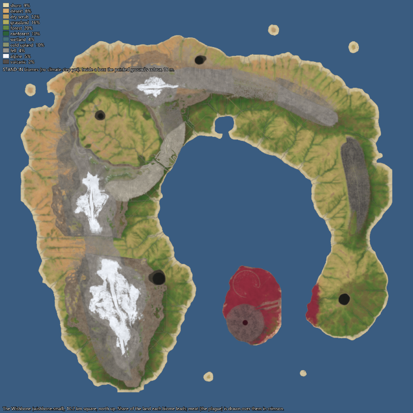 The 10 km island from above, painted. Snow on three massifs in the west, tan desert on the outer coast and green lowlands round an inner sea, and a small island in that sea washed crimson. A legend lists each biome’s share of the land.