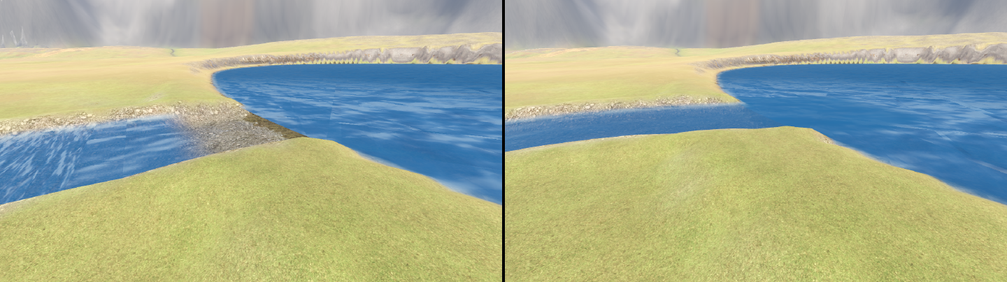 A river meeting a lake, twice. On the left, a bar of dry stones separates them and the river is streaked white. On the right, the water is one stretch.