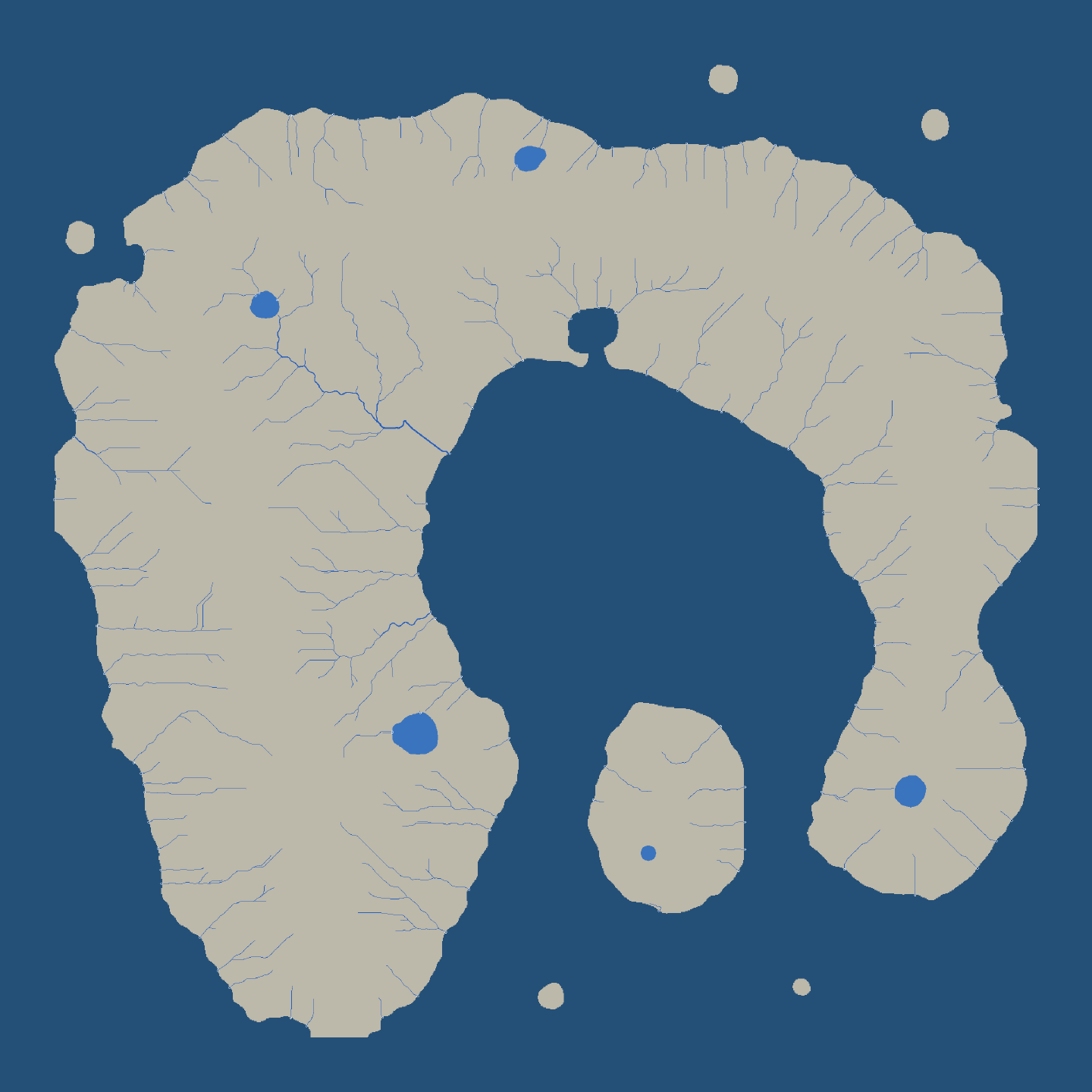 A plain map of the island: grey land on a dark blue sea, thin blue lines for 383 creeks and rivers drawn at their widths, five lakes as blue shapes, and a small ring at each river mouth.