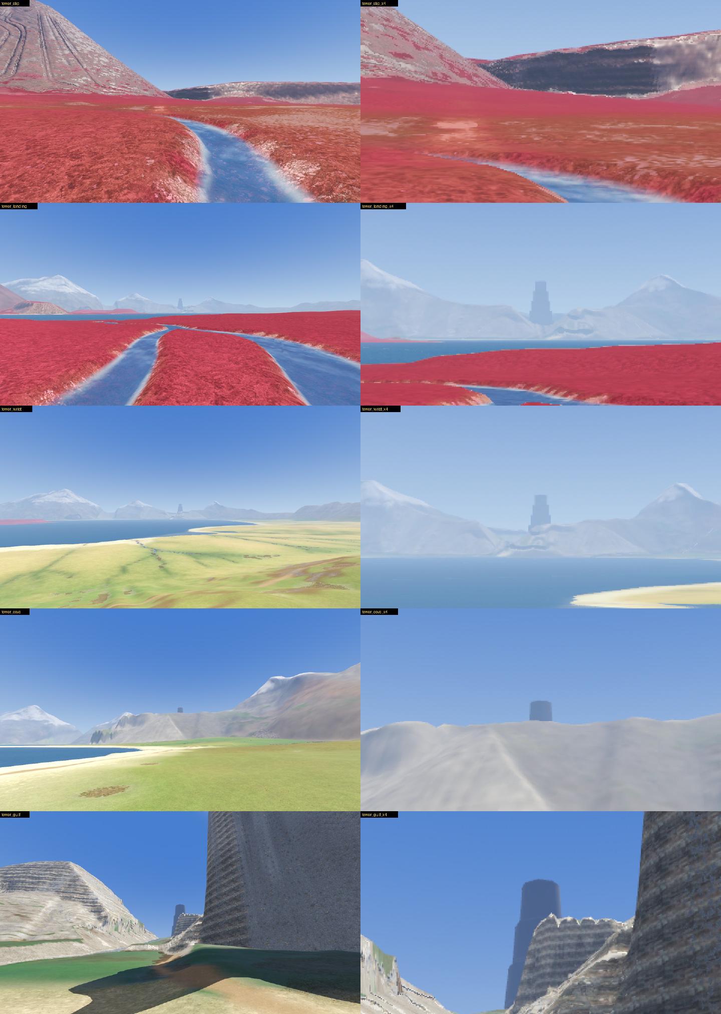 Ten views in two columns. On the left, the Tower seen from five places on the island. On the right, the same views enlarged four times, where a stepped dark tower stands among snowy mountains.