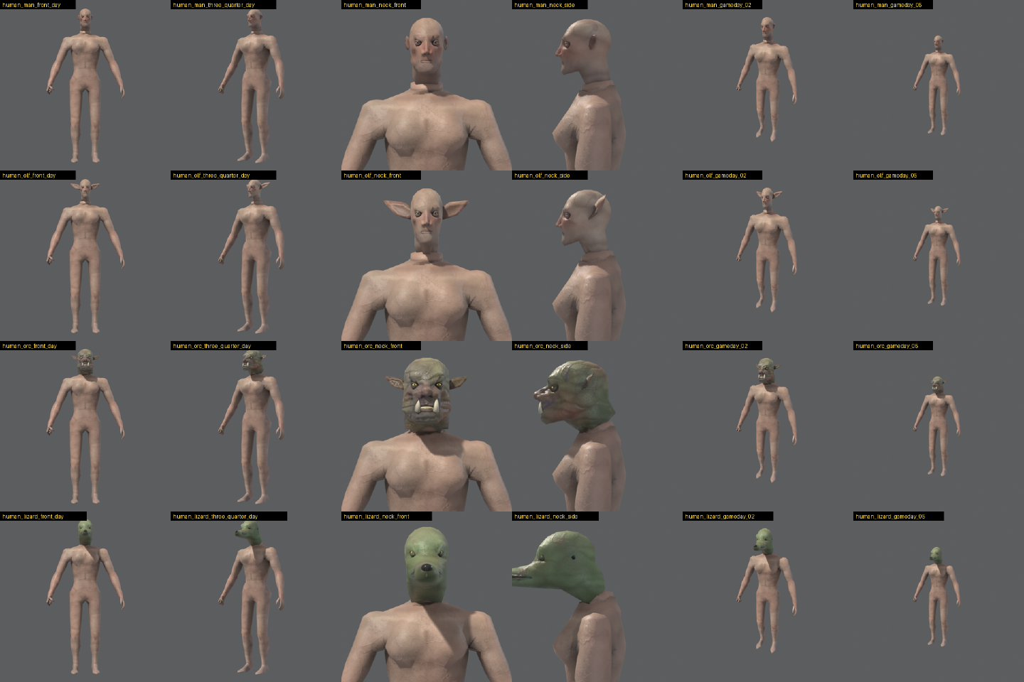 One human body wearing the man’s, the elf’s, the orc’s and the lizard’s heads, full figure and close on the neck