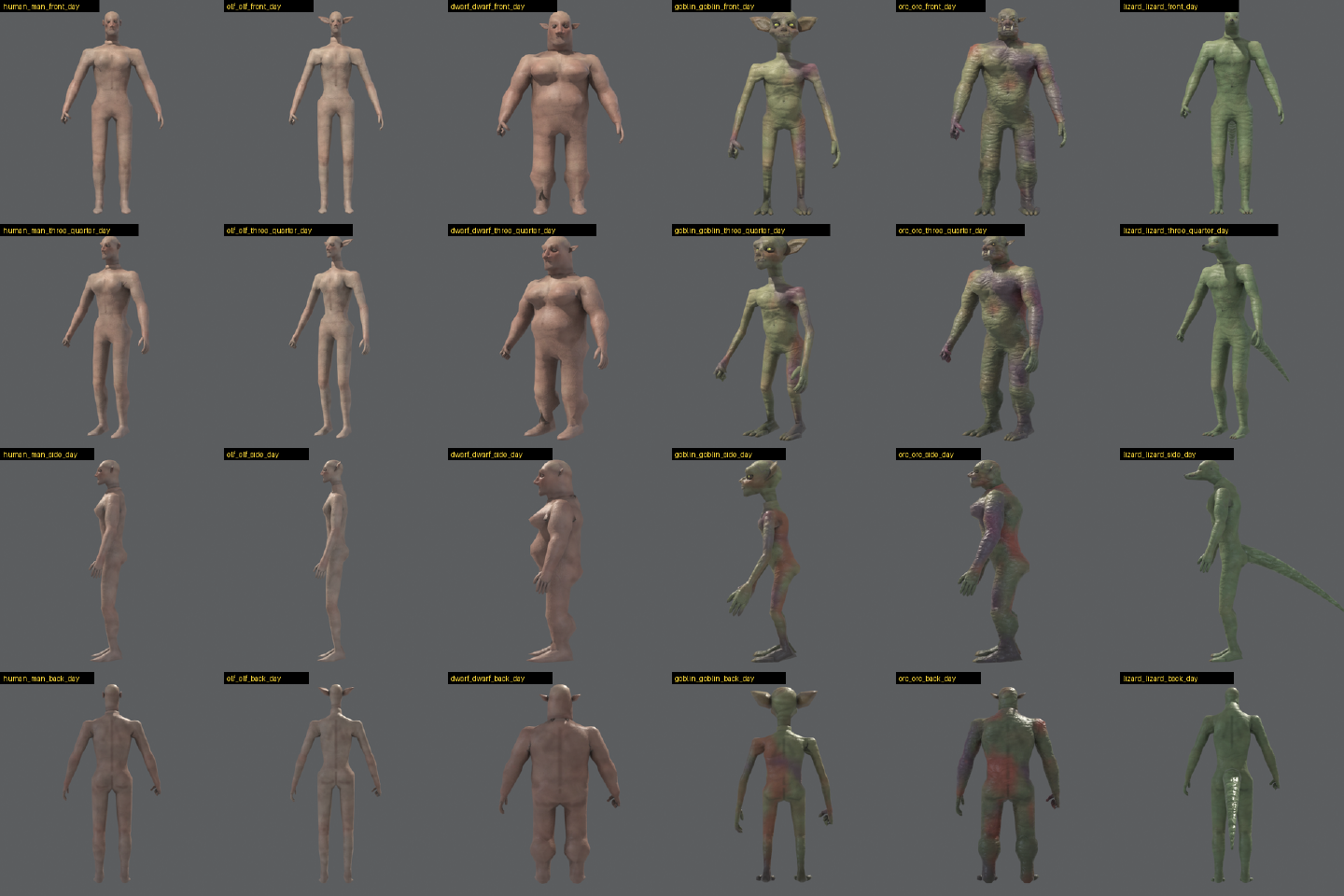 Human, elf, dwarf, goblin, orc and lizard bodies from the front, three-quarter, side and back