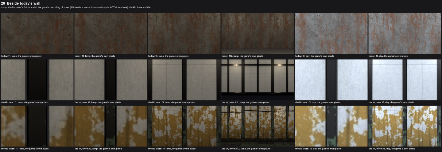 Three rows of wall views. The top row is the game’s current rusted wall. The middle row is the kit’s new wall with pale brushed panels between dark ribs. The bottom row is the kit’s worn wall with large yellow-brown stains.