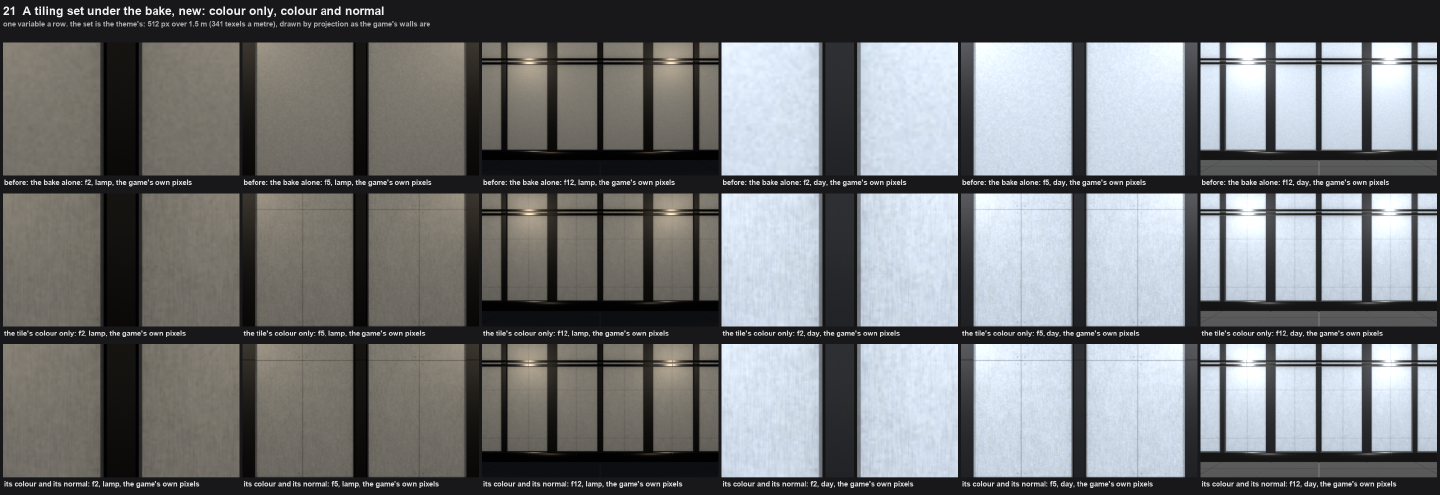 A grid of wall close-ups in three rows and six columns. The top row is the bake alone, the middle adds the tile’s color, the bottom adds its normal map. Columns are 2, 5 and 12 m in lamp light and then in daylight.