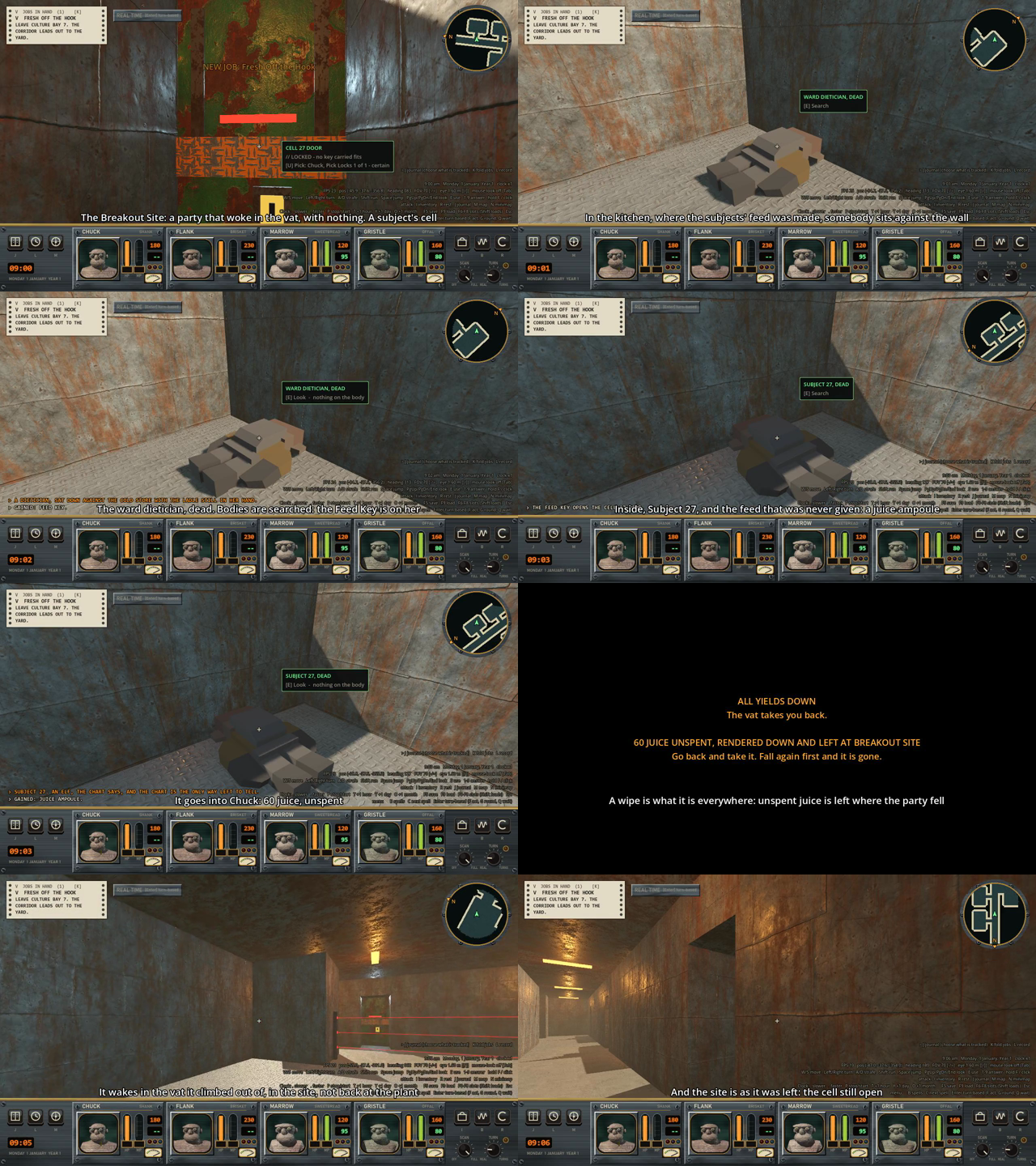 Eight captioned frames from the film in two columns: the locked cell door, the dietician’s body, the Feed Key taken, Subject 27’s body, the ampoule taken, the wipe screen, the wake in the vat, and the cell still open.