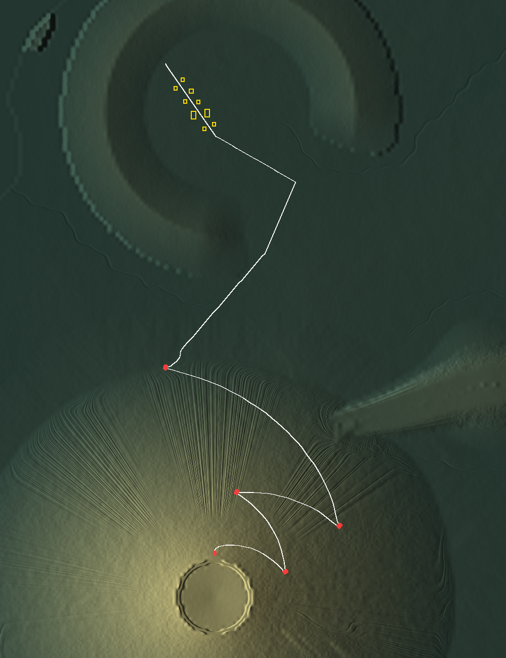 A shaded height picture of the island. A white line leaves a round crater at the bottom, zigzags down the cone in long curved legs joined at red dots, runs straight across flat ground, bends into the opening of a curled ridge at the top and ends in a straight street with nine small yellow boxes beside it.