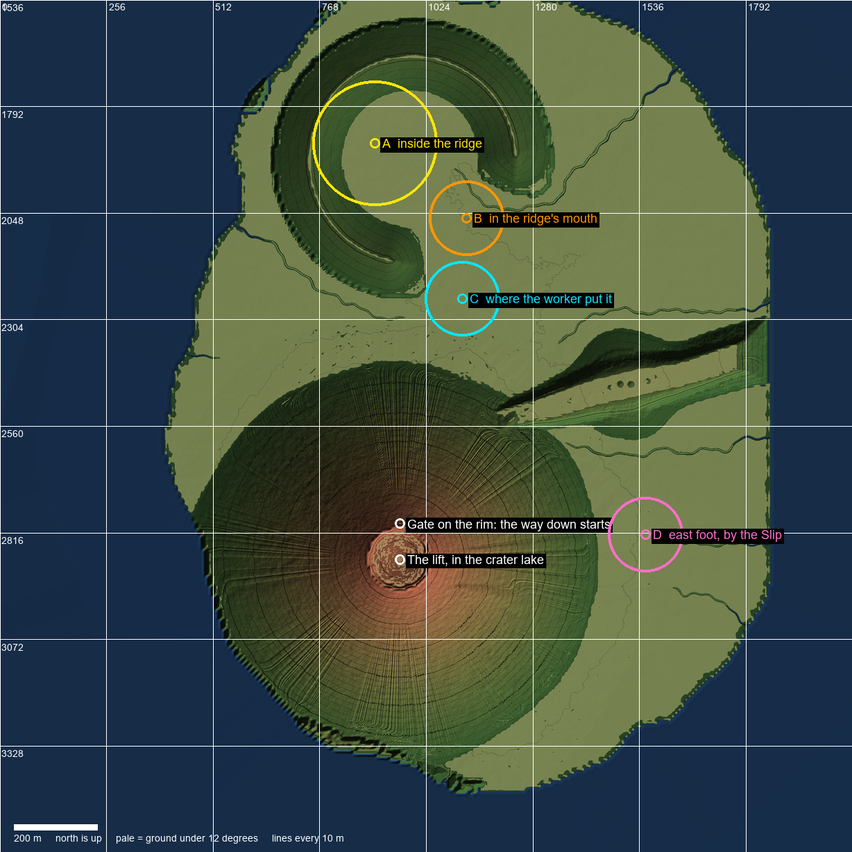 A map of an island with north up and grid lines. A volcano with a crater fills the lower half and a ridge curled like a hook sits at the top. Four colored circles are labeled A inside the ridge, B in the ridge's mouth, C where the worker put it, and D east foot. Two white dots mark the lift in the crater lake and the gate on the rim.