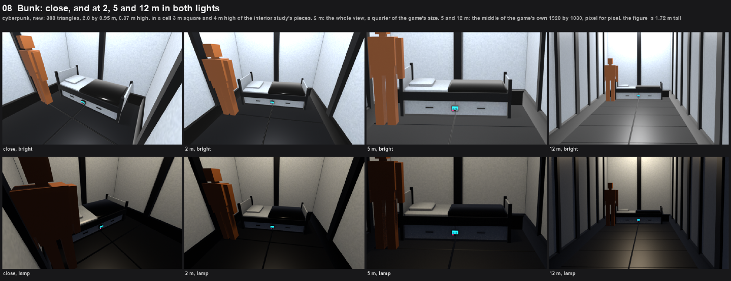 Eight views of a bunk in a small white cell with an orange block figure beside it. The top row is in bright light and the bottom row by a lamp, each at close range, 2 m, 5 m and 12 m.