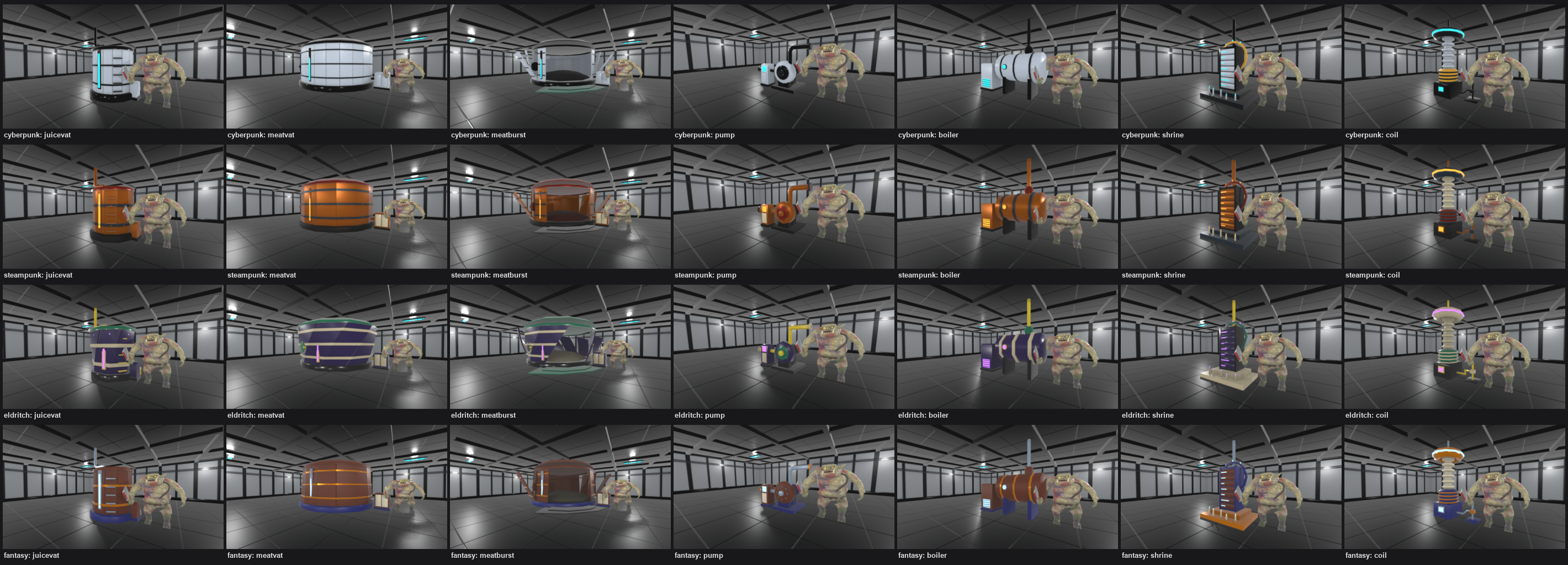 A grid of 28 views of a bright white room with an orc for scale. The columns are a juice vat, a meat vat, a burst meat vat, a pump, a boiler, a server shrine and a coil. The rows change the colors from white and cyan to copper, to purple, to brown and blue.