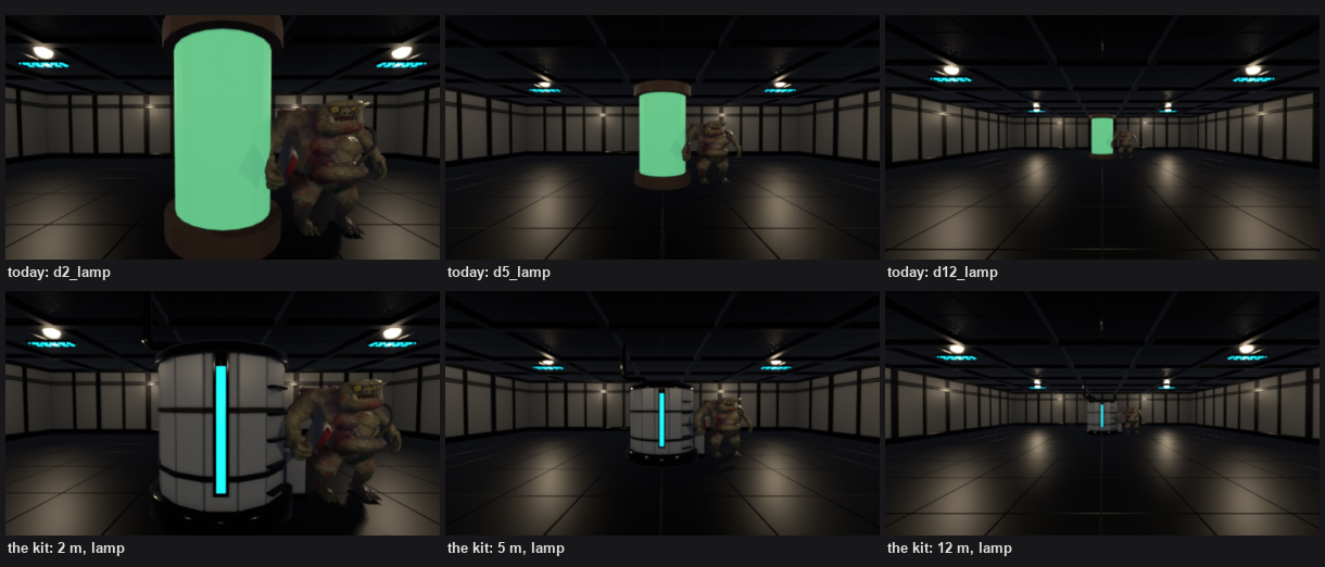 Six views of a dark room with an orc for scale. The top row has a plain green glowing cylinder. The bottom row has a white paneled vat with black bands and one cyan lit strip.