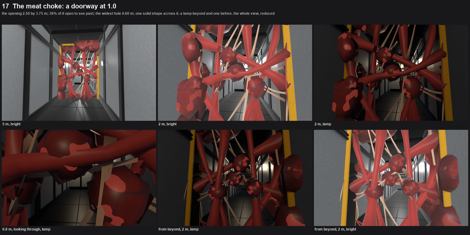 Six views of a doorway packed with red trunks, webs and clots, with the corridor visible through the gaps.