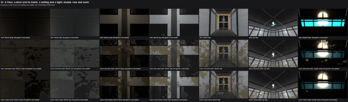 Review sheet of a floor, a door and its frame, a ceiling and a light, new on top and worn below.