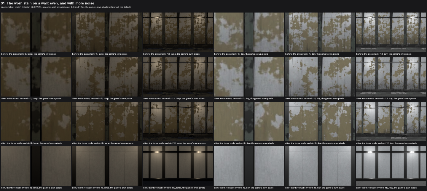 Review sheet of a wall at 2, 5 and 12 meters in lamp and day light. The top row has an even yellow-brown stain, the second has patchier stain with more noise, the third cycles the three walls, and the bottom row is the new clean wall.