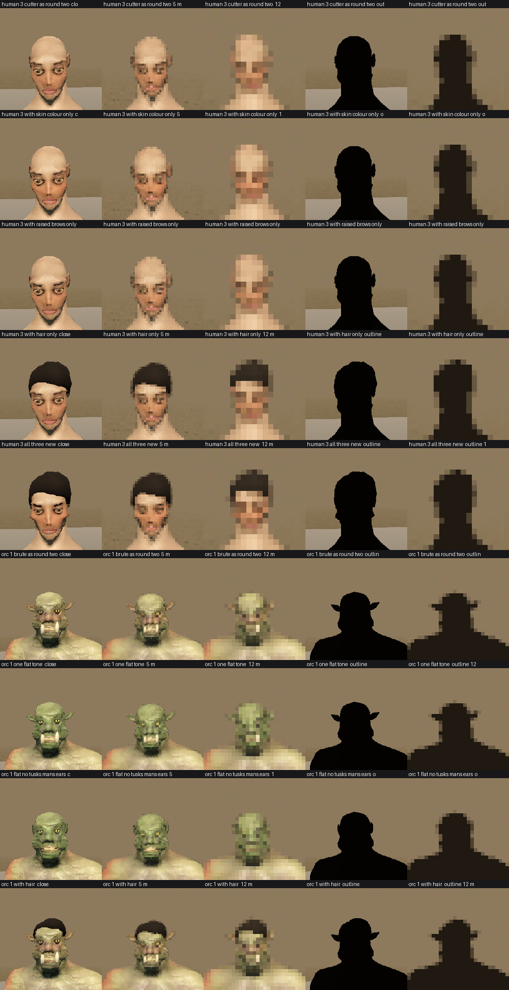 Rows of heads at four distances. A bald human stays a pale blur at 12 m, a human with hair gets a dark cap that stands out, and an orc stays readable even painted one flat color.