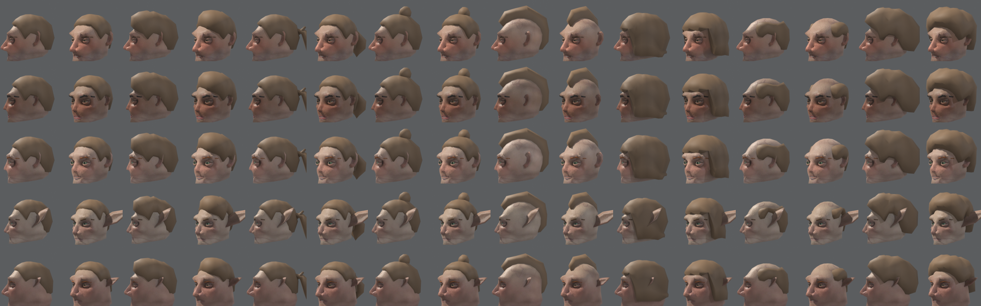 Five rows of heads, three human, an elf with long pointed ears and a dwarf, each in sixteen views of different hairstyles and beards.