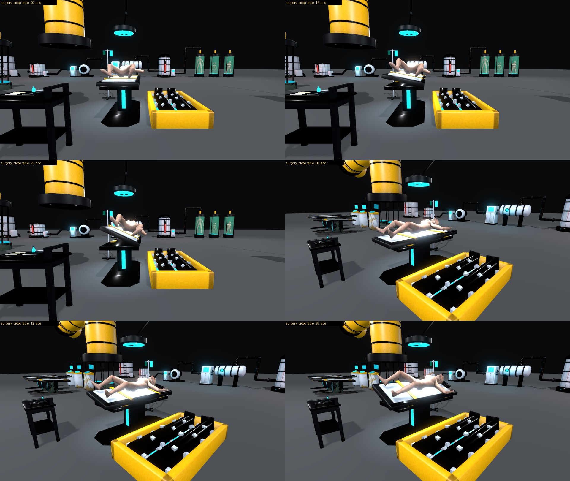 Six views of a black operating table in a dark room with a pale body lying on it, a yellow-rimmed shredder pit beside it, and a lamp above. The table top is level in the first view and tipped toward the pit in the others.