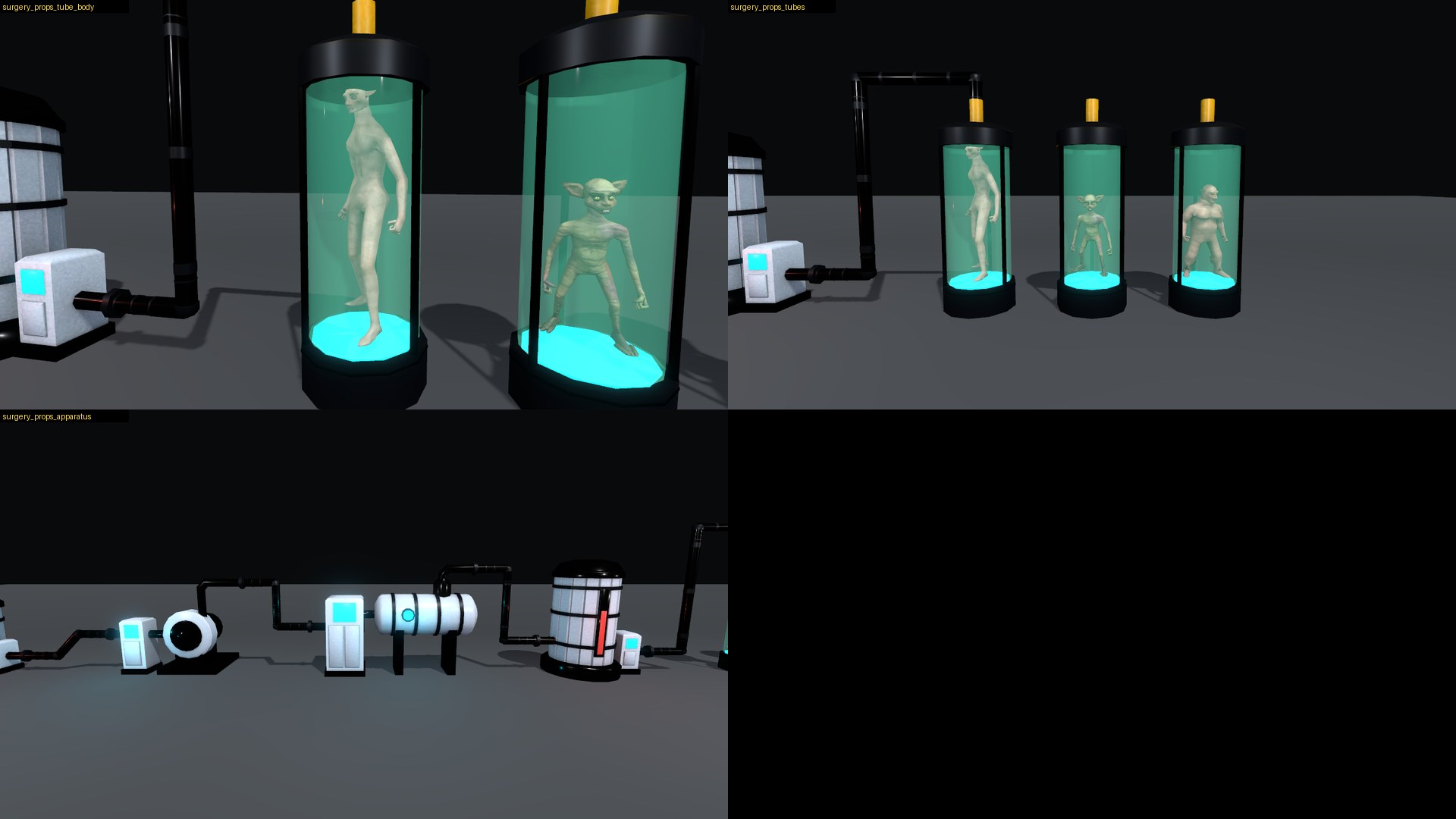 A dark room. Three glass cylinders with green liquid and a pale body in each stand beside a black pipe that runs to a white pump. Below, a pump, a manifold, a tank on legs and a banded reservoir are joined by black pipes.