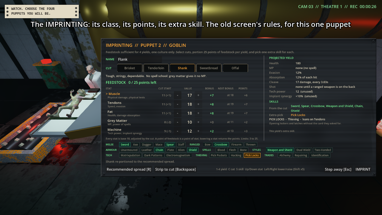 A large dark panel headed Imprinting, Puppet 2, Goblin, with a name field, a row of five cuts, five stats with plus and minus buttons, projected yield and a grid of skill buttons, over a view of a goblin on an operating table.