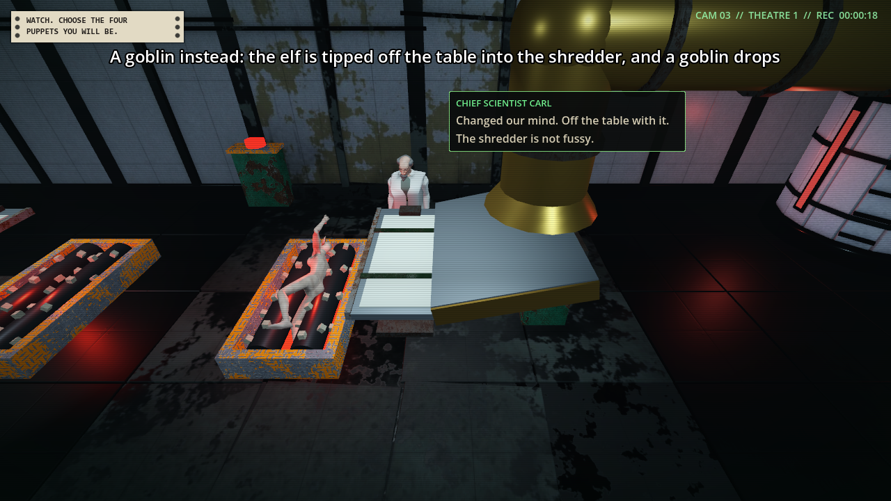 A close view of one operating table, with a pale goblin lying on the tray and a white-coated scientist standing behind it, a speech box reading that the shredder is not fussy.