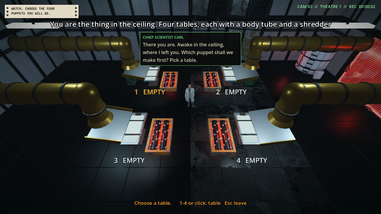 A dark room seen from above with four steel operating tables, each fed by a large brass pipe from the wall, a white-coated scientist standing in the aisle between them, and a speech box asking which table to use.