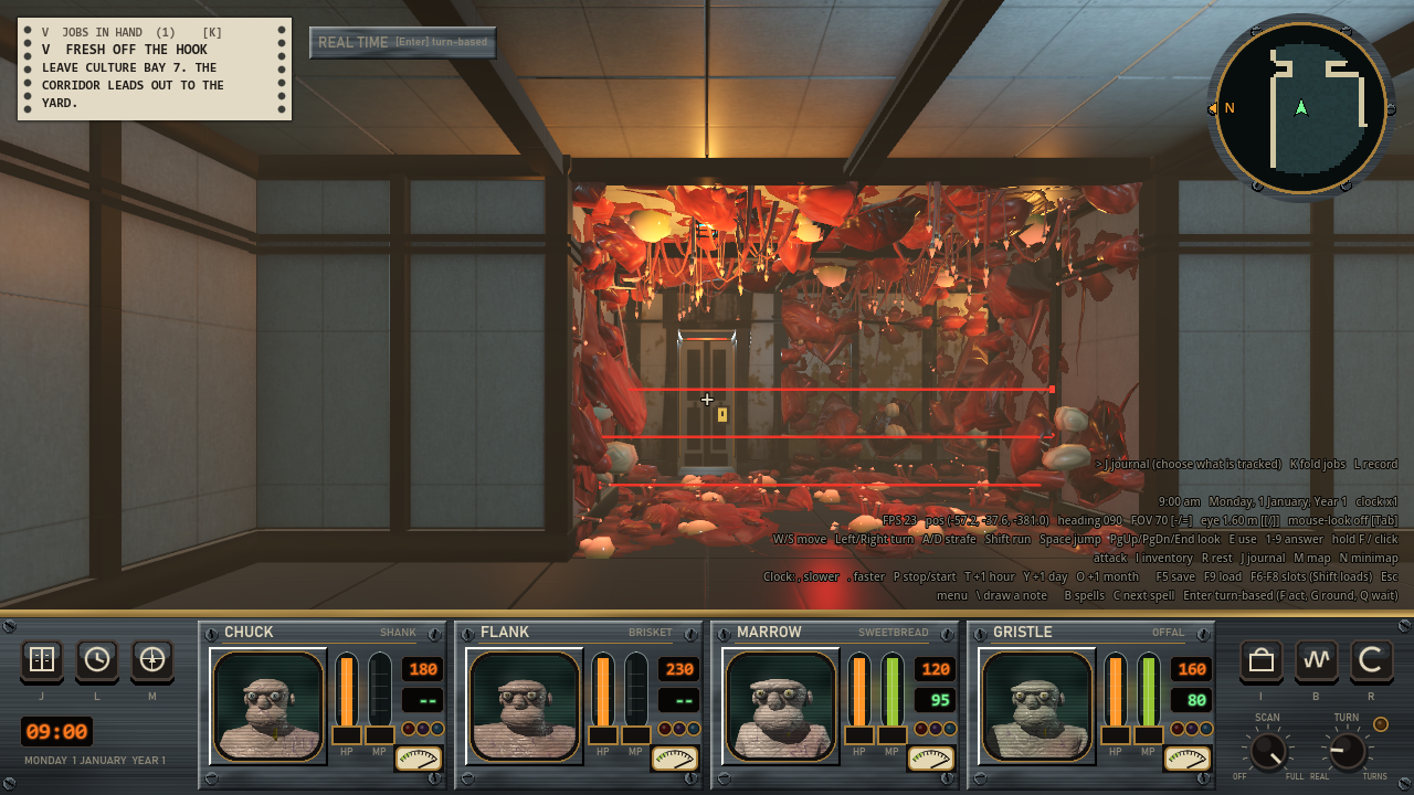 The same corridor and meat-covered doorway with no drawing on it.